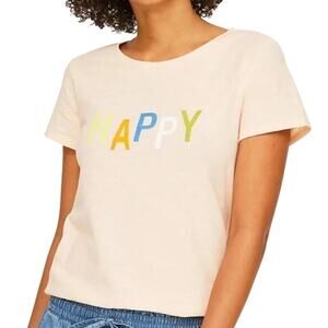 LOFT Women's Happy Graphic Everyday Crew‎ Tee in Pink-Size L